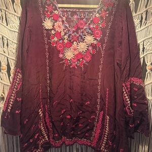Johnny Was Burgundy Floral Embroidered Blouse